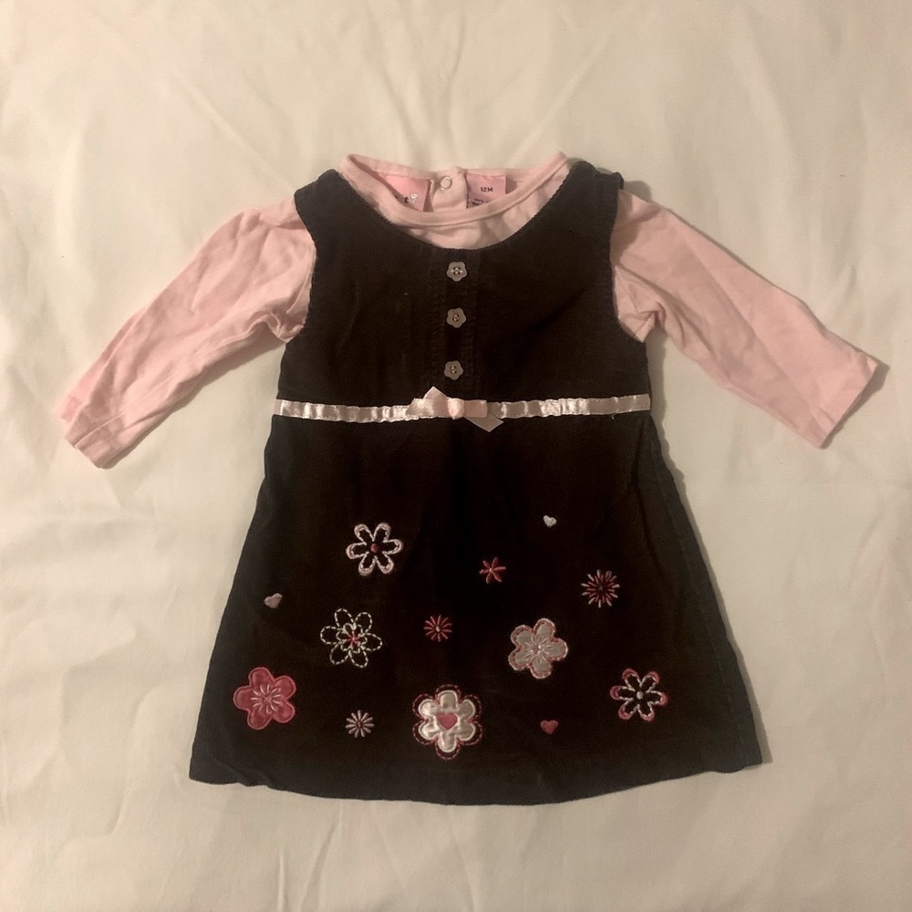 Sweet Corduroy Chocolate Brown Sleeveless Dress Pink Onesie Size 12 Month
